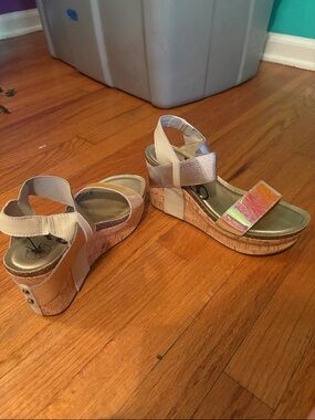 Iridescent Strap Cork Wedge Sandals
